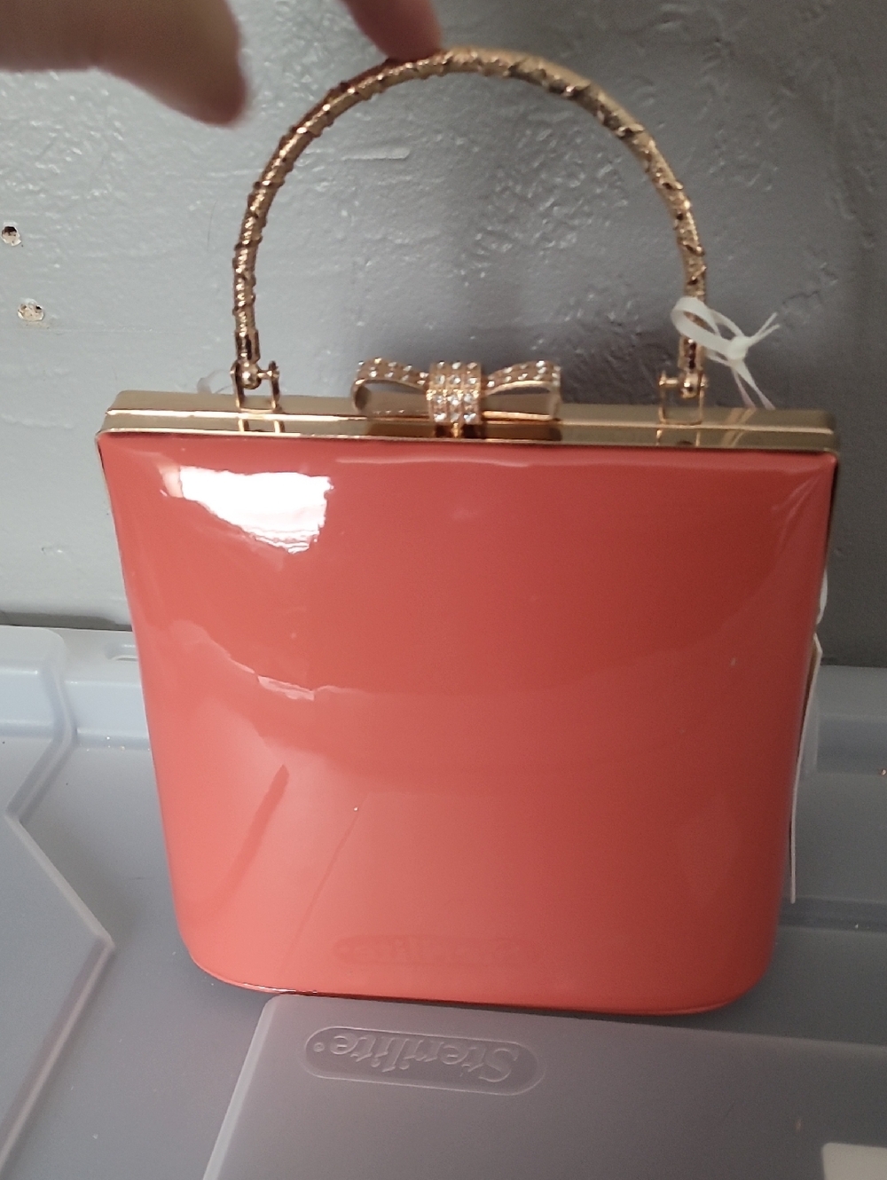 Coral Patent Top-Handle Evening Bag with Gold Bow Accent